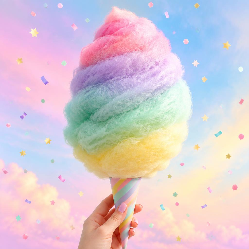 Rainbow swirl candy floss cone with pastel confetti